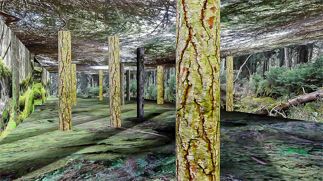 Im Videoessay von Nadine Cueni bewegt man sich durch eine künstliche Landschaft aus Wald und Architektur.