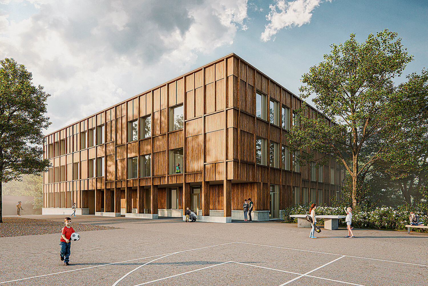 Abb 1 Das neue Schulhaus Gyrisberg in Jegenstorf (noch im Bau) präsentiert sich bald mit Holz aus dem gemeindeeigenen Wald, weil die Gemeindeversammlung kein Betongebäude wollte.