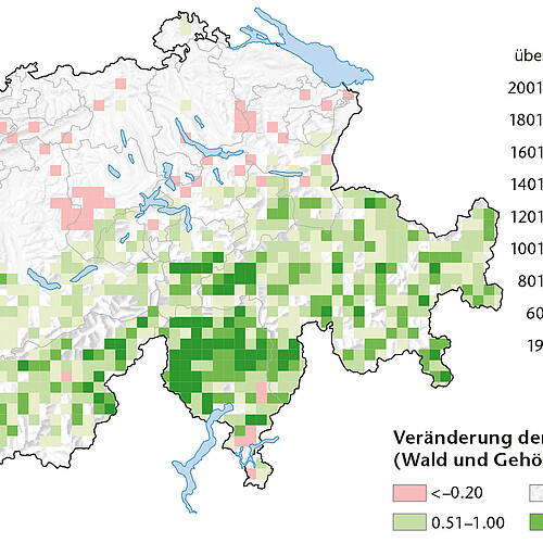 Veränderung der bestockten Flächen (Wald und Gehölze) von 1985 bis 2018 in km2 und ihre Verteilung nach Höhenstufen (Meterüber Meer).