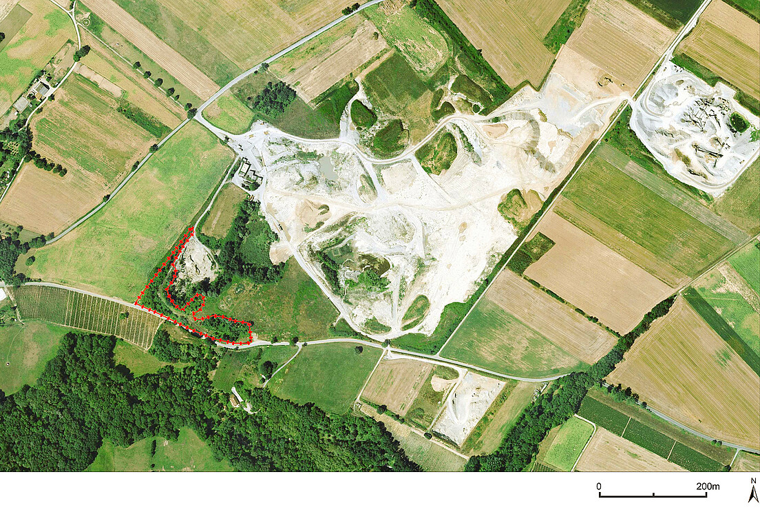 Fig. 2 A) Une butte s’est reboisée naturellement dans une ancienne gravière à Avusy, situation en 2005. B) En 2023, cette surface a été rendue à l’agriculture.