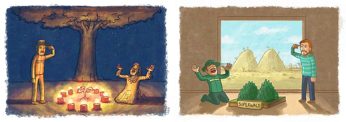 Abb 1 Wie Tag und Nacht konkurrieren Sichtweisen um die Deutungshoheit in der Walddebatte. Das Projekt «Waldeslust statt Waldesfrust!» versuchte, den Dialog zwischen verschiedenen Interessengruppen bei Waldanliegen zu fördern.