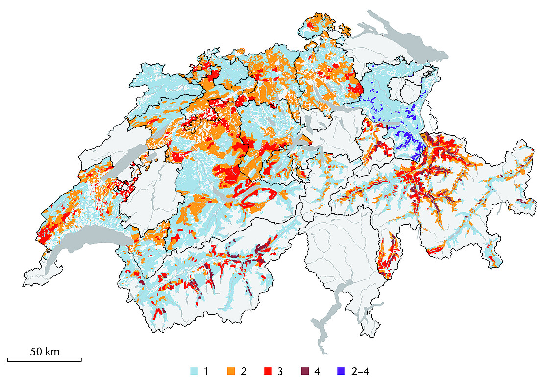 Abb 2 Gutachterliche Beurteilung des Wildeinflusses auf die Baumverjüngung. Dargestellt sind in Farben die originalen Stufen der kantonalen Beurteilungen (Tabelle 1), wobei 1 die niedrigste und 4 die höchste Stufe darstellt. Für GR und TG wurde infolge der 5 Stufen mit der MIN-Variante auf 4 Stufen reduziert. Für SG wurde bei «Nichterfüllung» die Stufe 2–4 gezeichnet. Die Daten stammen aus unterschiedlichen Quellen, wurden unterschiedlich detailliert aufgenommen und teilweise hochskaliert. Für den Kanton NW liegen nur punktuelle Daten vor (diese sind hier überproportional gezeichnet). Eingefärbt ist die Waldfläche des jeweiligen Kantons anhand der kantonalen Waldflächen-Layer, ausser BS, JU und VS, wo die Stufe 1 anhand der LFI-Waldmaske gezeichnet wurde. Für nicht eingefärbte Gebiete fehlt eine Beurteilung, diese konnten anhand der vorliegenden Daten nicht räumlich dargestellt werden (TG) oder es ist kein Wald.