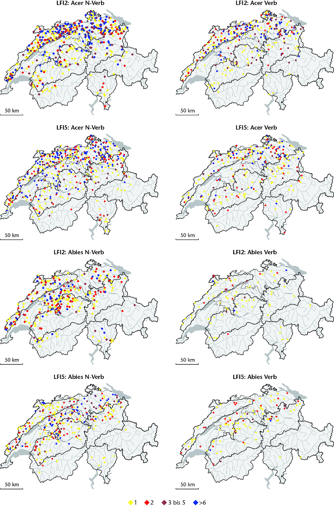 Abb 4: Anzahl Bäumchen je Subplot (siehe Farbskala) im LFI2 bzw. im LFI5 für die Gattungen Ahorn und Tanne auf gemeinsamen Subplots. «NVerb» steht für nicht verbissene, «Verb» für verbissene Bäumchen beider JW-Klassen (effektive Zahlen; keine ha-Hochrechnungen und keine Flächenkorrekturen infolge unterschiedlicher Radien der JW-Klassen!). Schwarz umrandet sind die Schutzwaldregionen mit Abtrennung des biogeografischen Jura und der drei Mittelland-Wirtschaftsregionen.