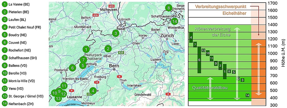 Abb 3 Lage und Höhengradient der Hähersaat-Projekte; Verbreitungsschwerpunkt des Eichelhähers.