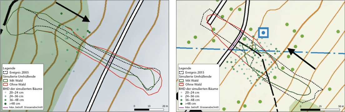 Abb 8 Übereinstimmung zwischen der StorMe-ereignisumhüllenden (schwarz gestrichelte Linie) und der simulierten Auslauffläche der besten Parametereinstellungen, sowohl für die Simulationen mit (grüne Linie) als auch ohne Wald (rote Linie). Der Hang verläuft in Richtung des schwarzen Pfeils.