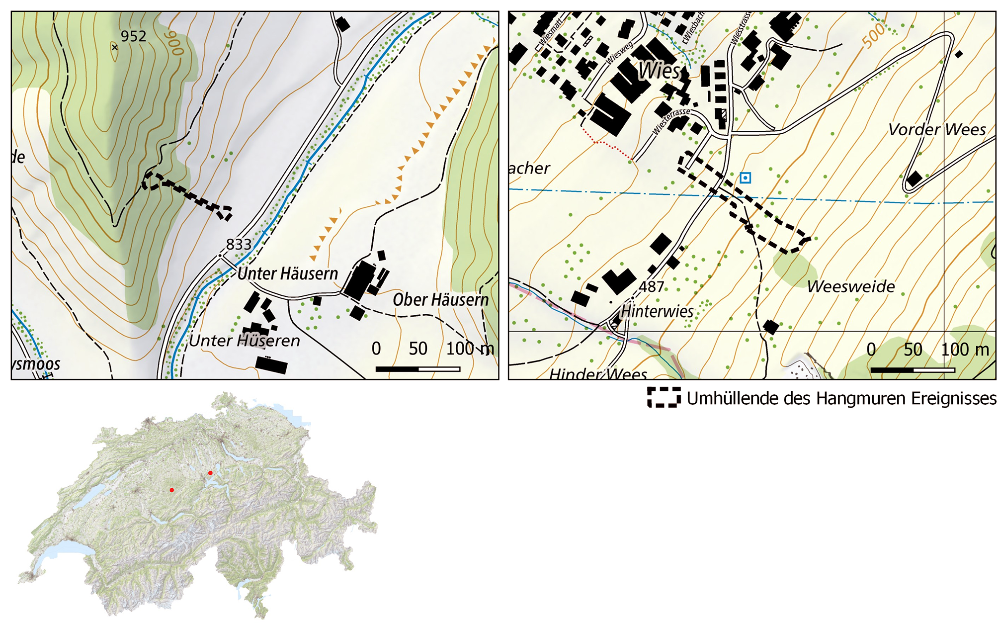 Abb 3 Karte der Fallbeispiele in Trub (Kanton Bern; links) und Root (Kanton Luzern; rechts).
