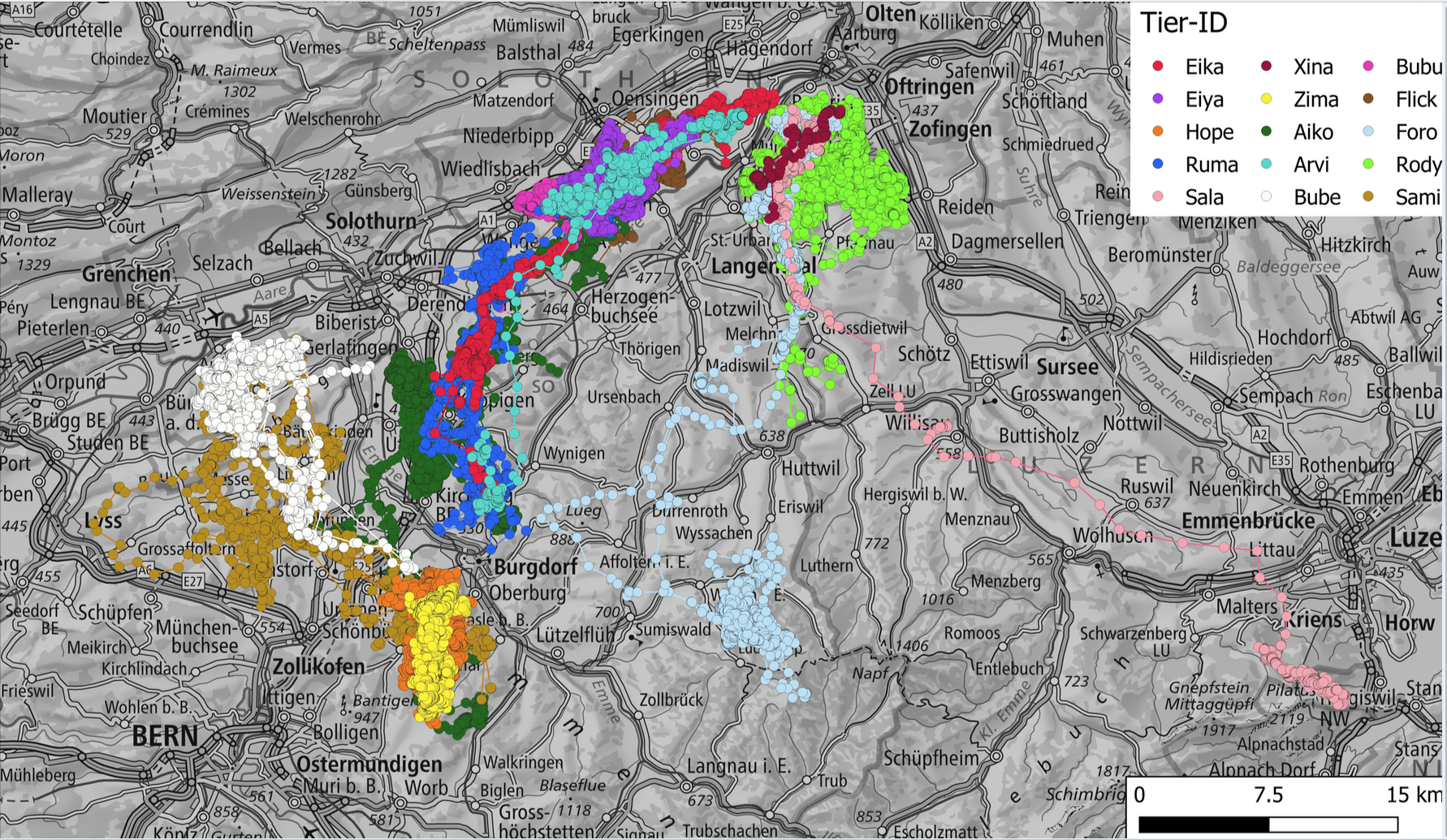 Abb 2 Lokalisationen der 15 GPS-besenderten Rothirsche im zentralen Schweizer Mittelland von März 2020 bis April 2023.