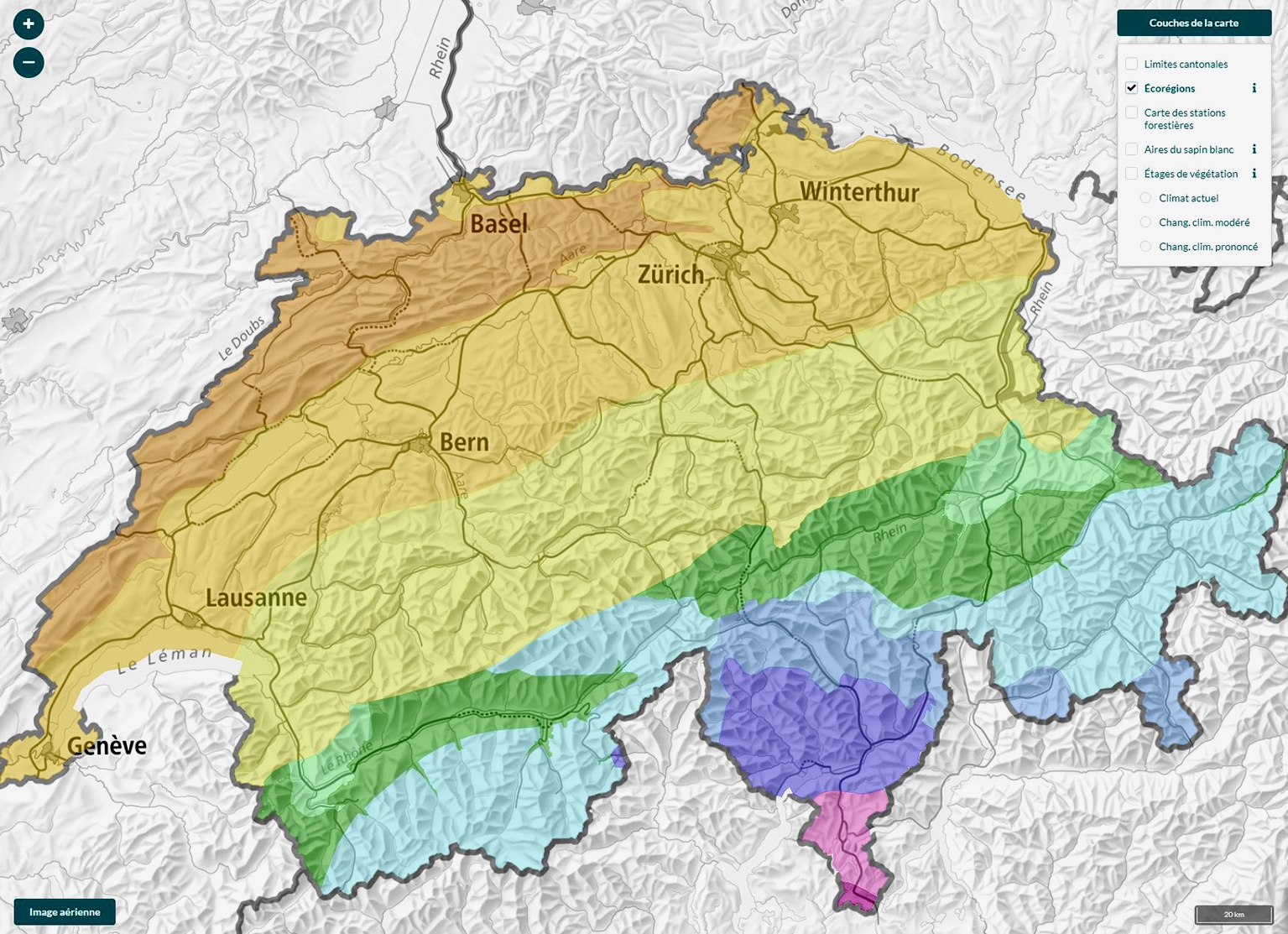 Fig. 1: Carte des écorégions suisses, capture de Tree App.
