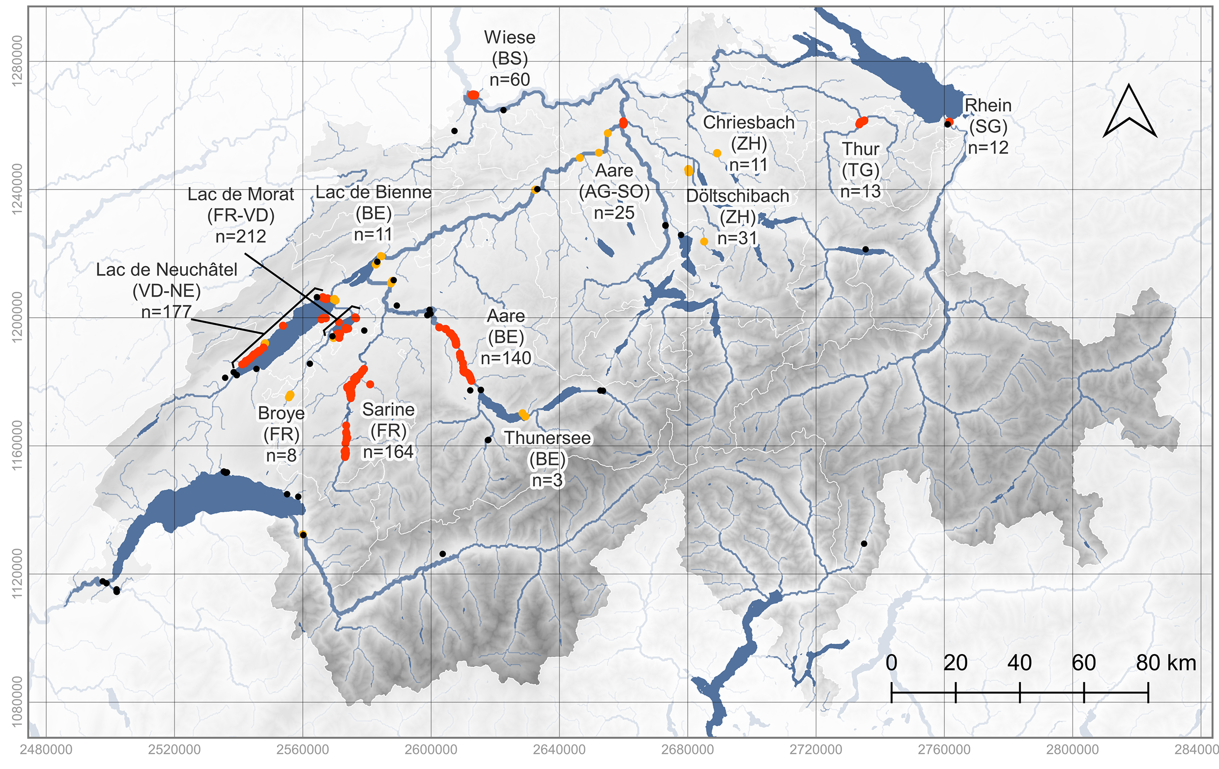 Fig. 2 Carte de distribution de l’orme lisse en Suisse. En rouge, les stations probablement naturelles; en jaune, les stations potentiellement naturelles et, en noir, les plantations ou les cas douteux (non comptabilisés). Adapté de Fragnière et al (2024).