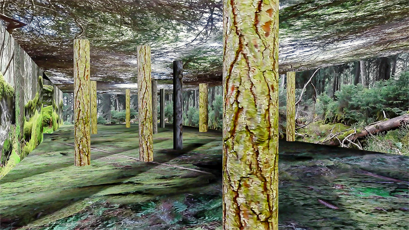 Im Videoessay von Nadine Cueni bewegt man sich durch eine künstliche Landschaft aus Wald und Architektur.