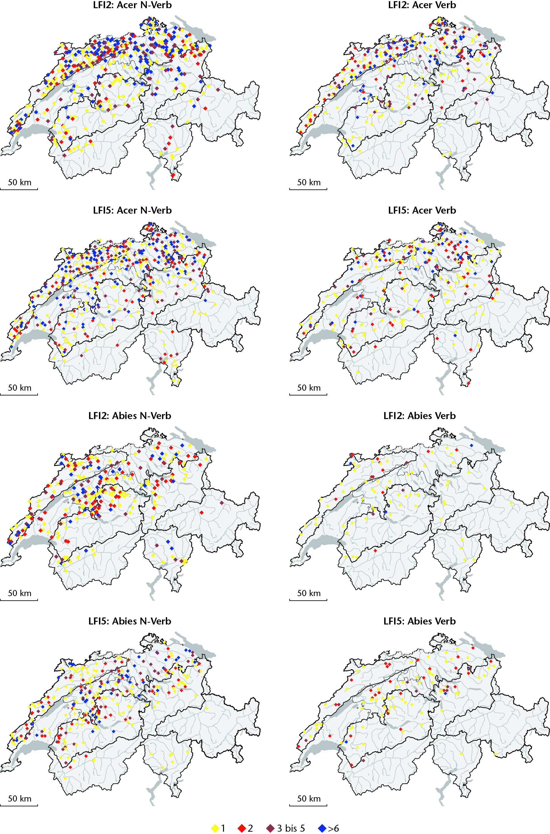 Abb 4: Anzahl Bäumchen je Subplot (siehe Farbskala) im LFI2 bzw. im LFI5 für die Gattungen Ahorn und Tanne auf gemeinsamen Subplots. «NVerb» steht für nicht verbissene, «Verb» für verbissene Bäumchen beider JW-Klassen (effektive Zahlen; keine ha-Hochrechnungen und keine Flächenkorrekturen infolge unterschiedlicher Radien der JW-Klassen!). Schwarz umrandet sind die Schutzwaldregionen mit Abtrennung des biogeografischen Jura und der drei Mittelland-Wirtschaftsregionen.