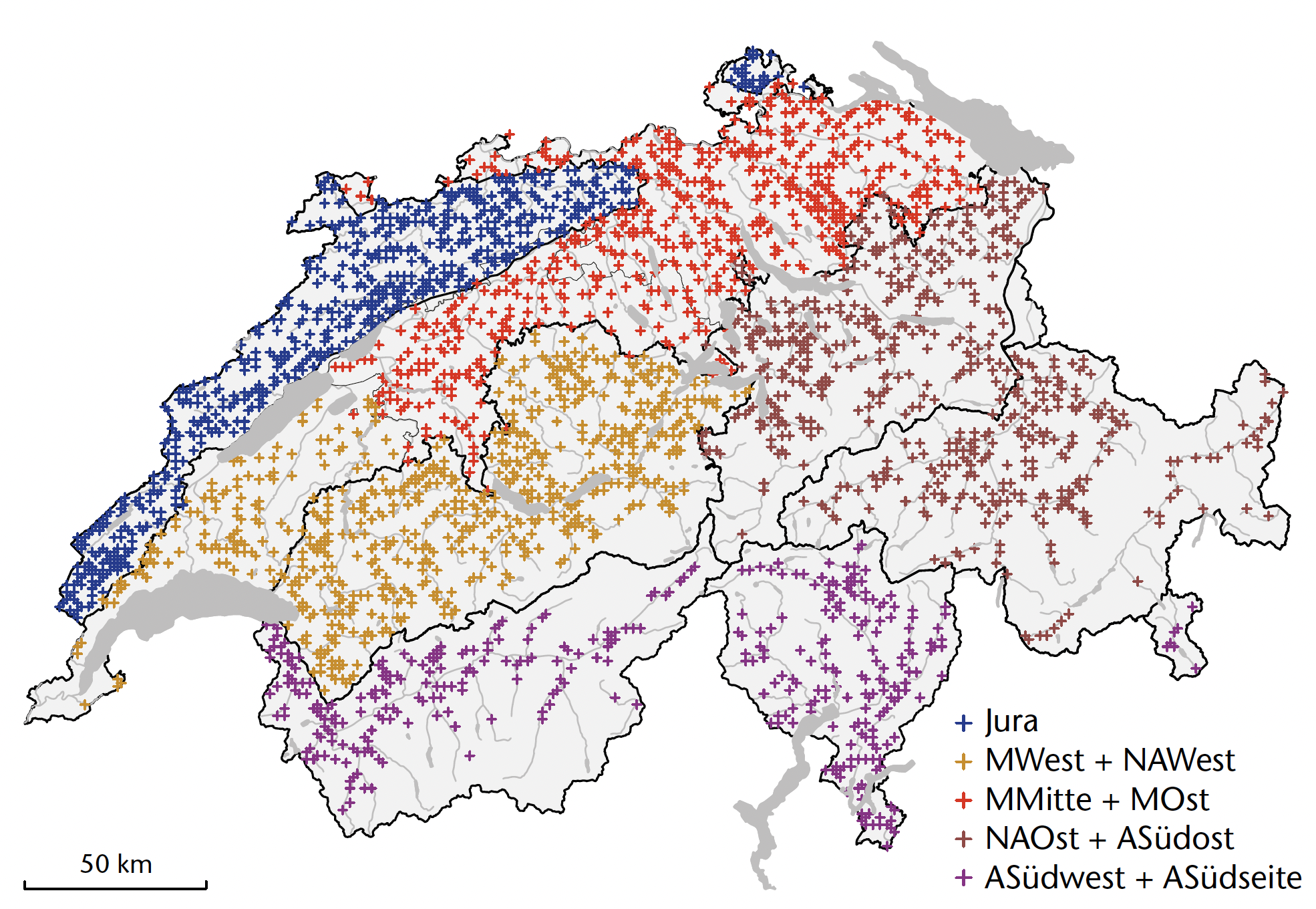 Abb 1 Karte mit Lage der Subplots im LFI4. Die Farben stehen für die fünf verschiedenen Grossregionen der Schweiz (Definition siehe Text). Schwarz hinterlegt sind Schutzwaldregionen mit Abtrennung des biogeografischen Juras und der drei Mittelland-Wirtschaftsregionen.