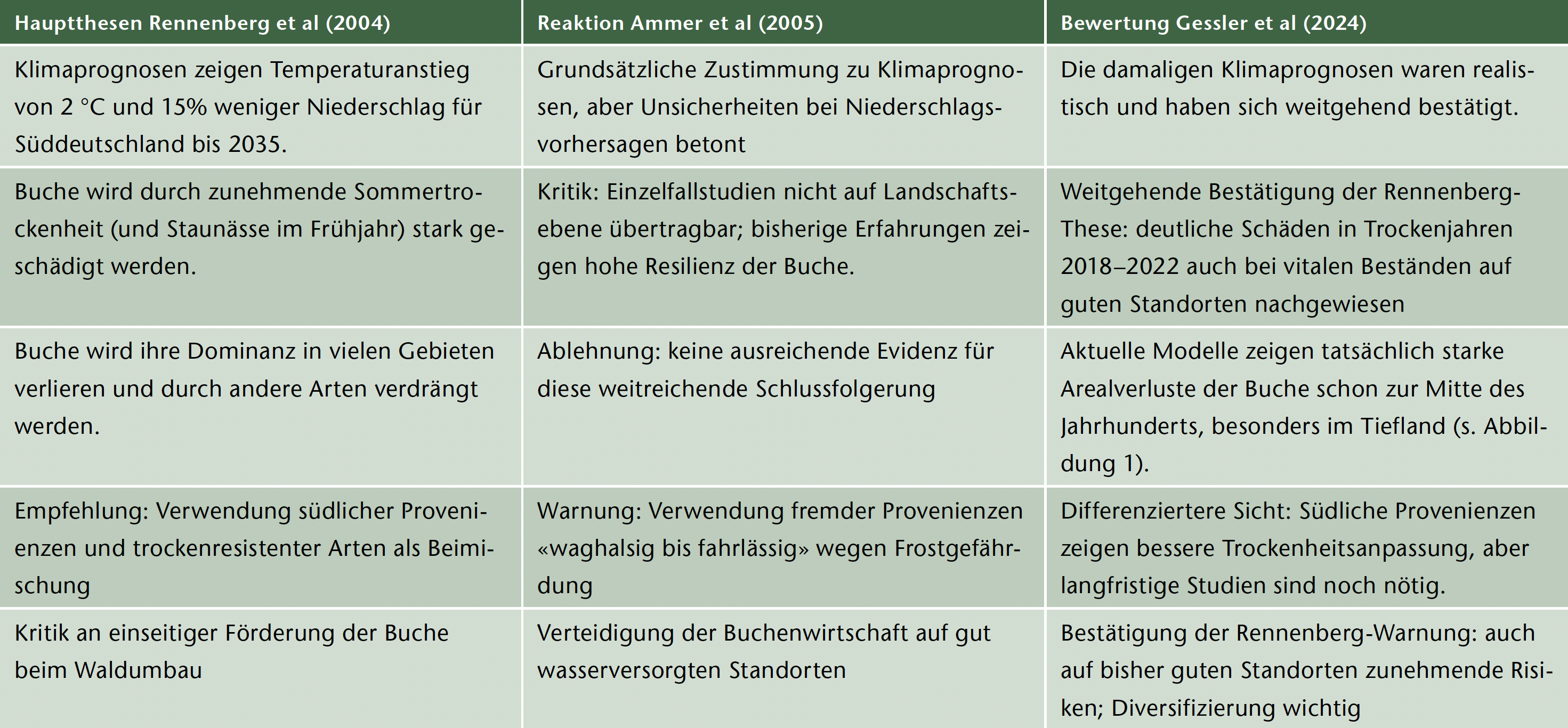 Tab 1 Die Hauptthesen zur Zukunft der Buche von Rennenberg et al (2004), die Reaktion von Ammer et al (2005) und die Bewertung nach 20 Jahren durch Gessler et al (2024)