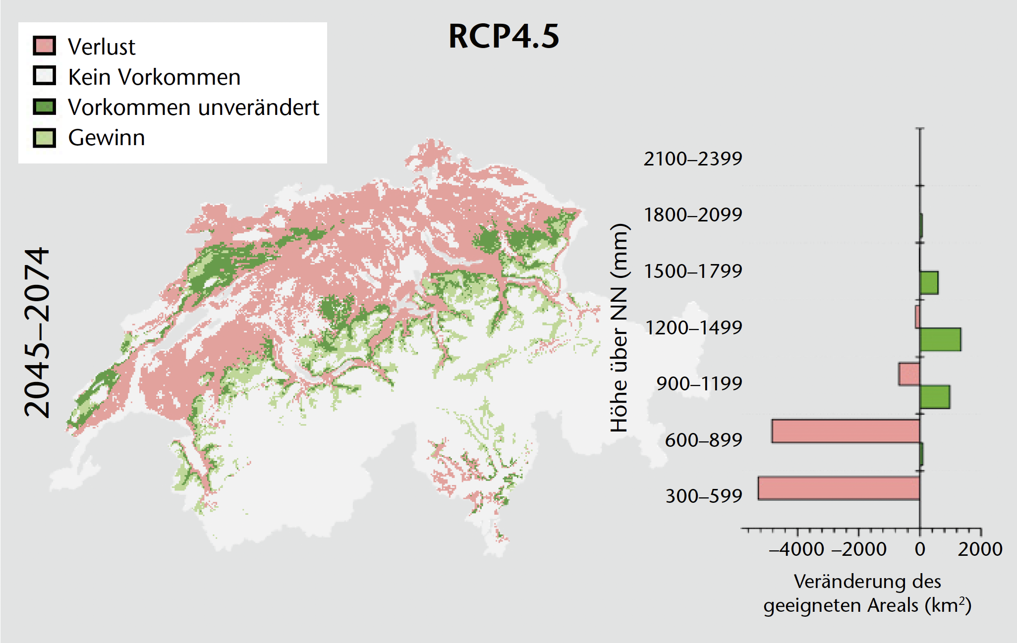 Abb 1 Veränderung des potenziellen Verbreitungsgebiets der Buche in der Schweiz unter dem Einfluss des Klimawandels. Verlust: rot, Zugewinn: hellgrün, keine Veränderung: dunkelgrün. Emissionsszenario RCP4.5, begrenzter Klimaschutz, 2045–2074. Balkengrafiken: Veränderungen des geeigneten Areals nach Höhenstufen unterteilt.